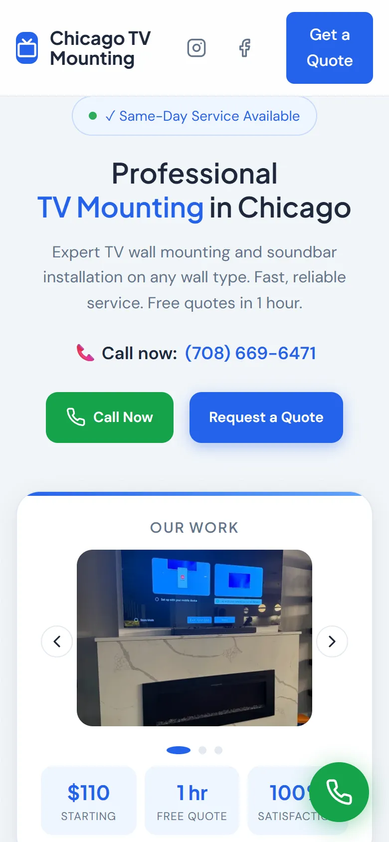 Home page of chicagotvmounting.com on a phone