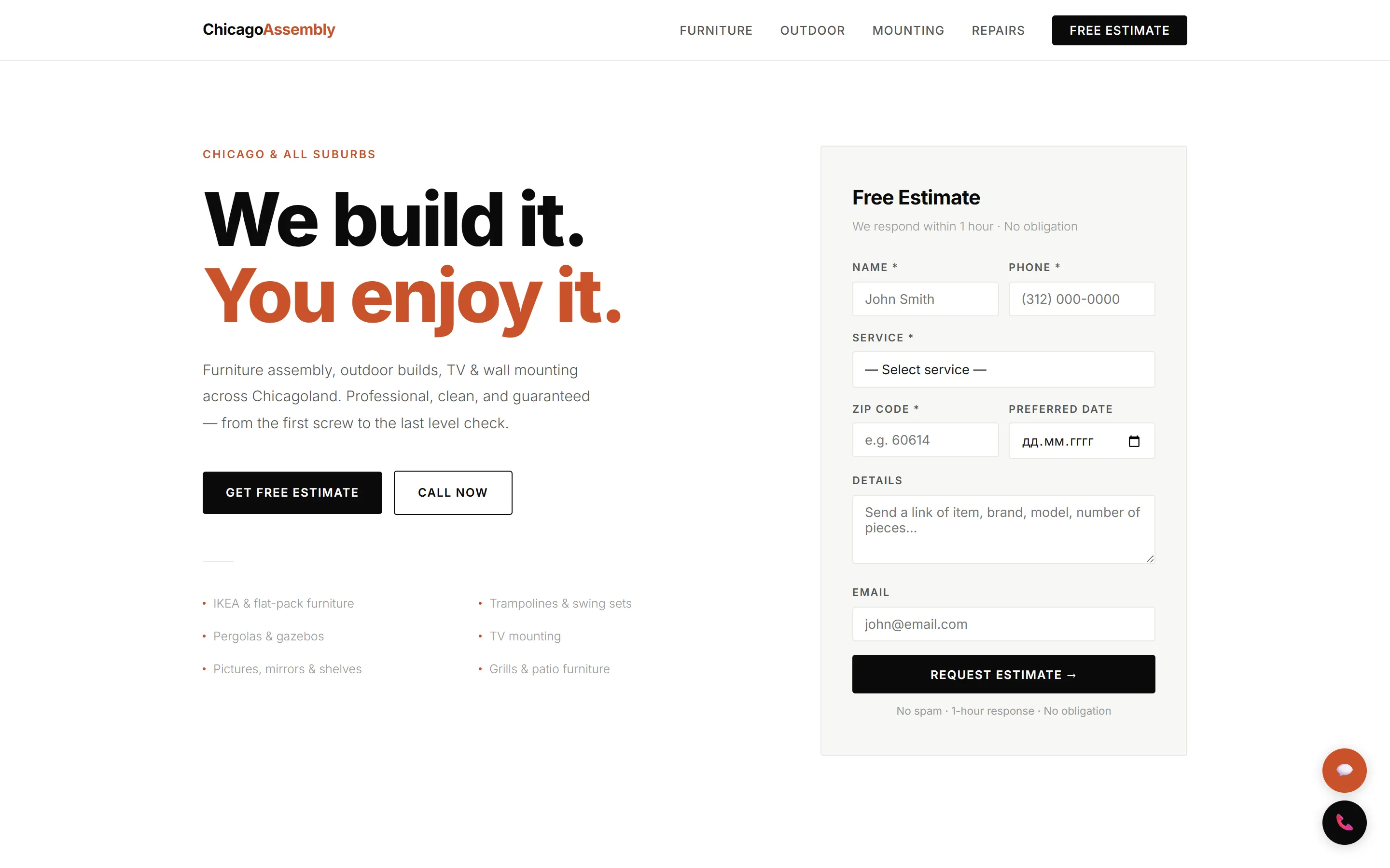 Home page of An assembly service where the quote form is the hero, not a button on a desktop screen