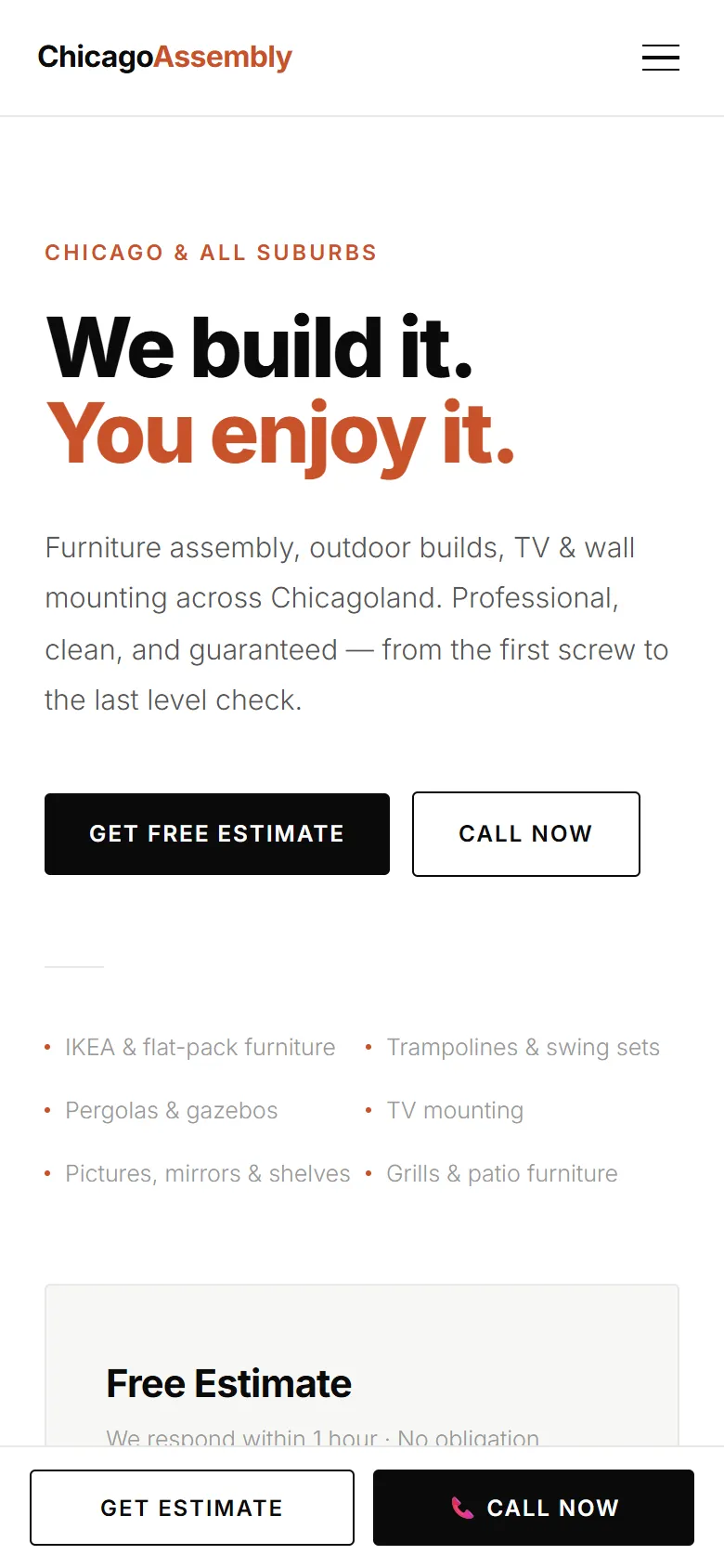 Home page of An assembly service where the quote form is the hero, not a button on a phone