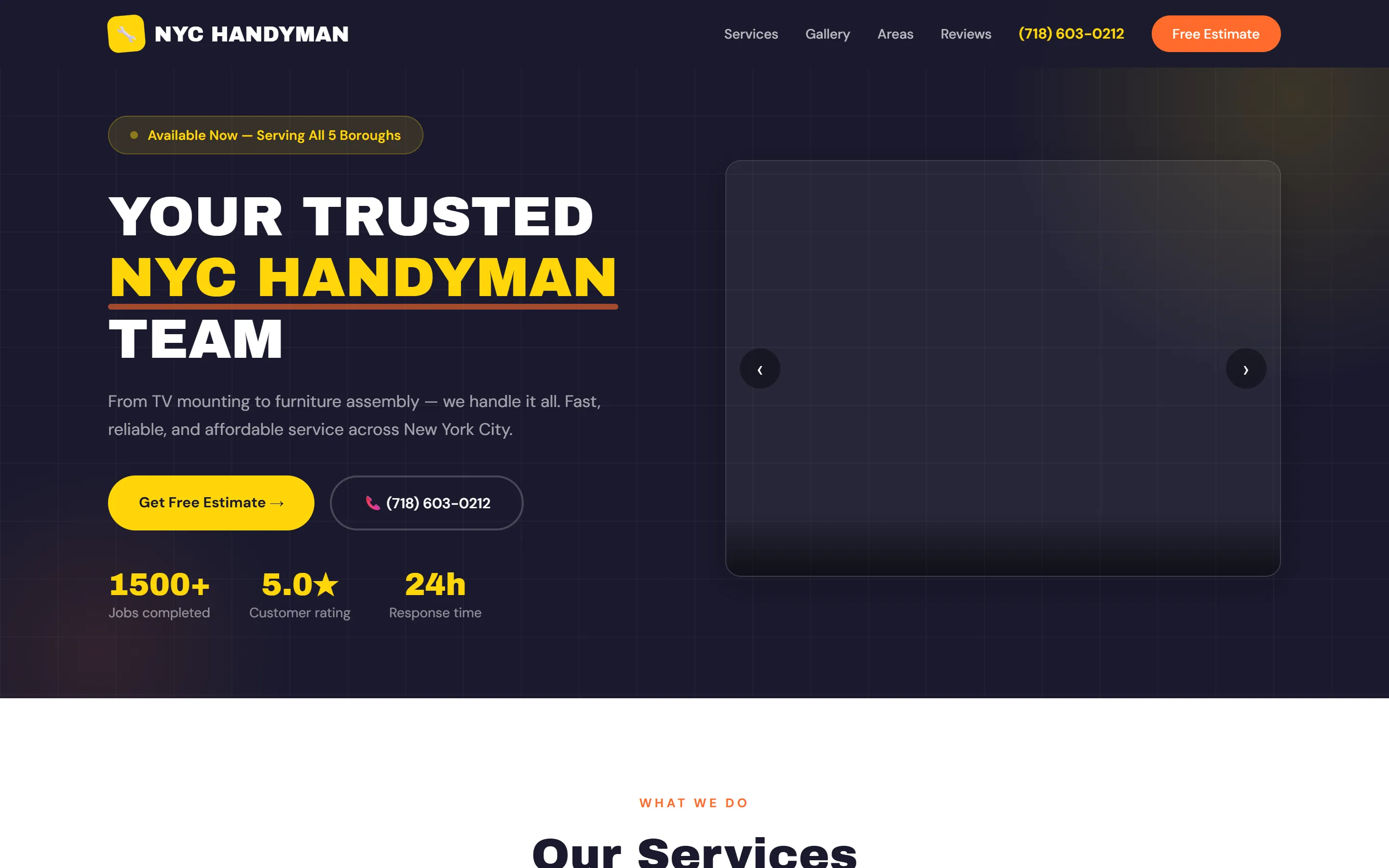 Home page of A five-borough handyman site built around one estimate button on a desktop screen