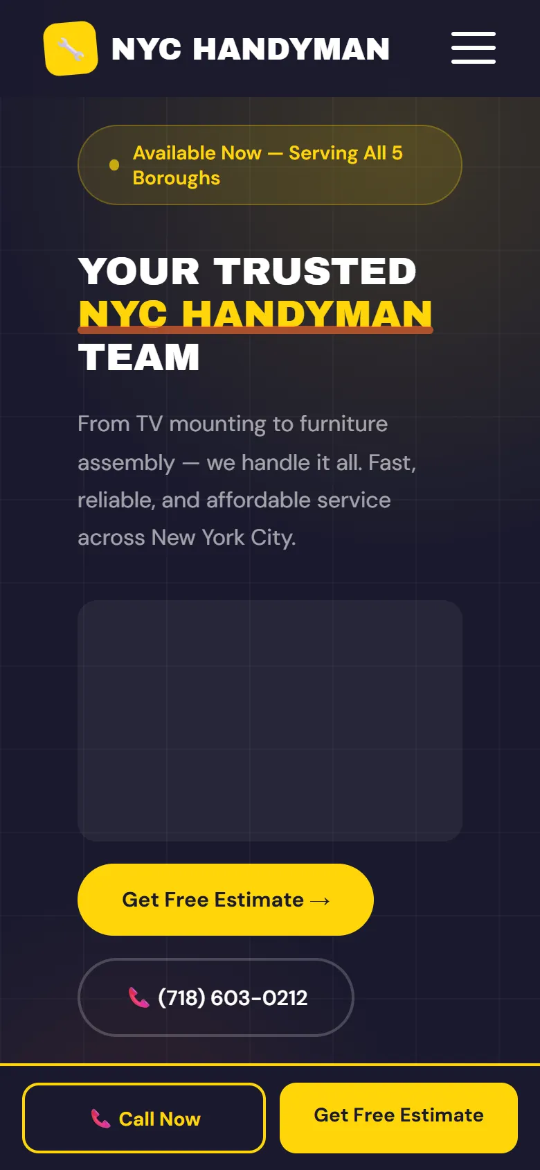 Home page of A five-borough handyman site built around one estimate button on a phone